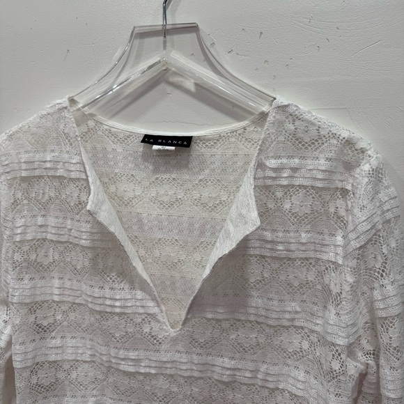 La Blanca Pleated Lace Crochet V-Neck Swim Beach Cover Up Tunic Dress Large - Picture 3 of 7